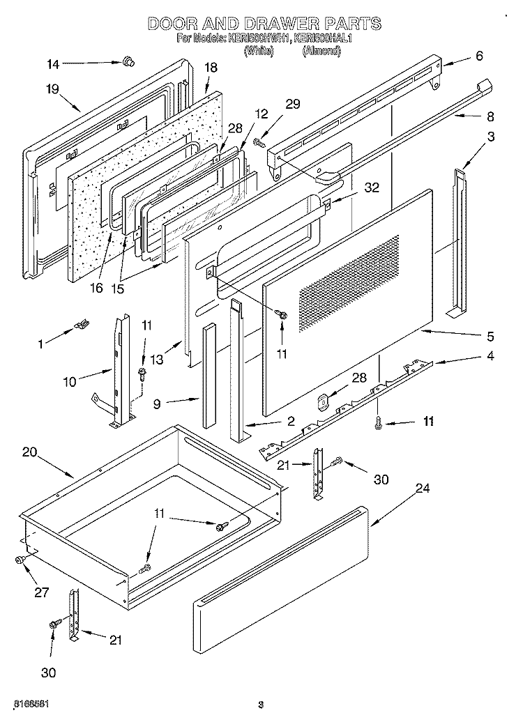 DOOR AND DRAWER Diagram and Parts List for KERI500HAL1  KitchenAid Range