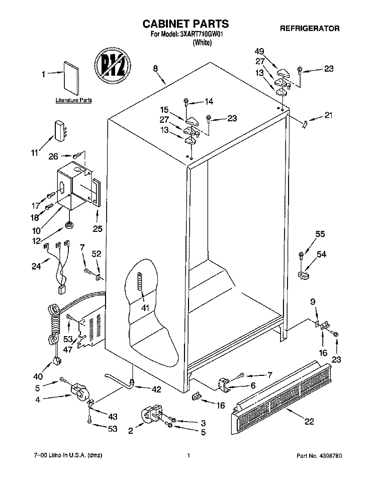 CABINET, LITERATURE Diagram and Parts List for 3XART710GW01  Whirlpool Refrigerator