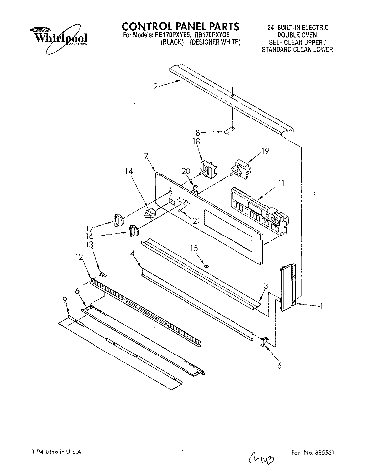 CONTROL PANEL, LITERATURE Diagram and Parts List for RB170PXYQ5  Whirlpool Wall Oven