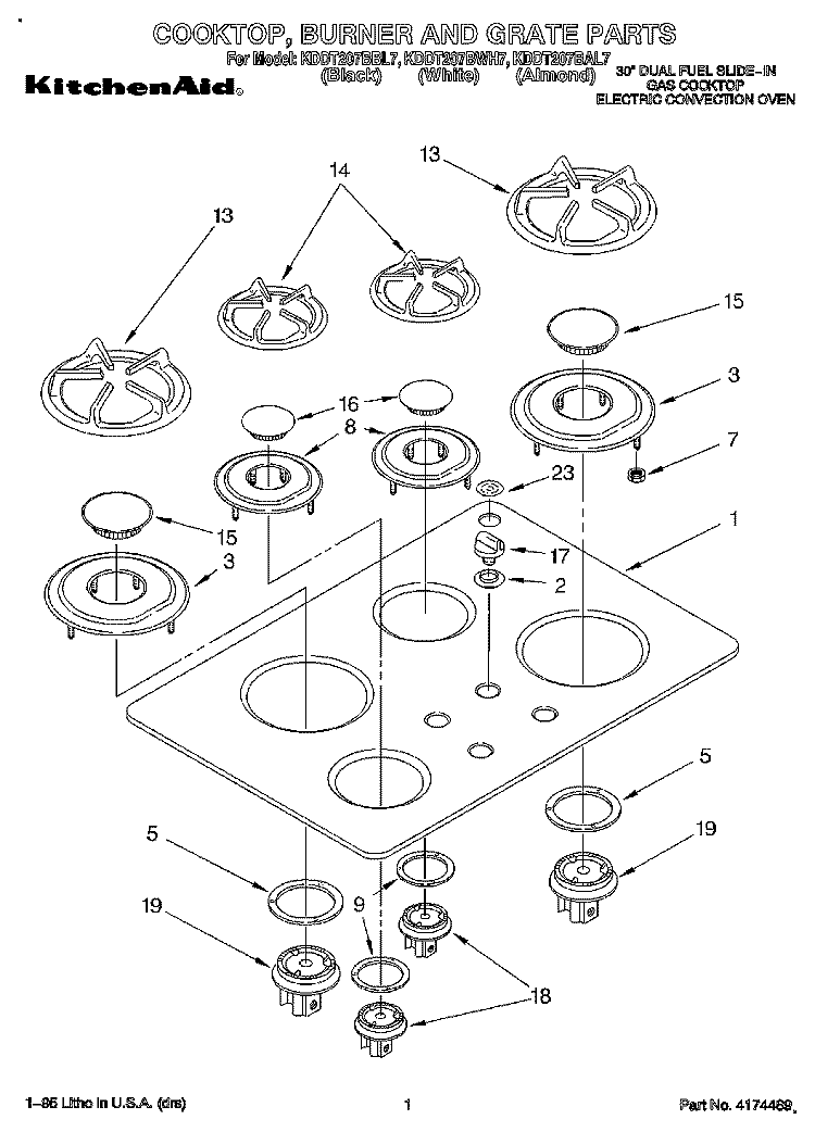 COOKTOP, BURNER AND GRATE Diagram and Parts List for KDDT207BAL7  KitchenAid Range