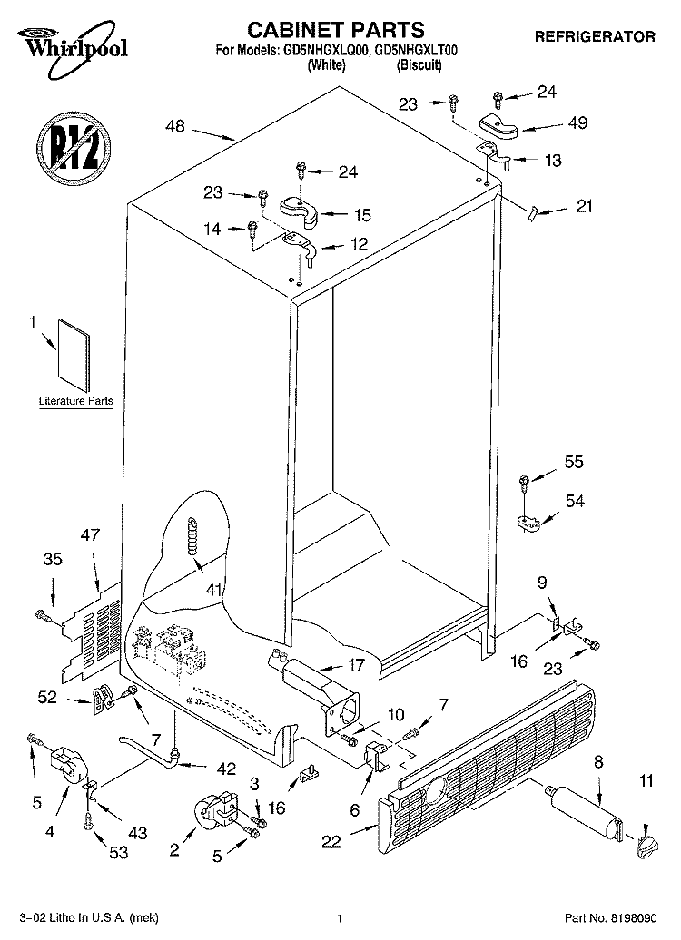 CABINET, LITERATURE Diagram and Parts List for GD5NHGXLQ00  Whirlpool Refrigerator