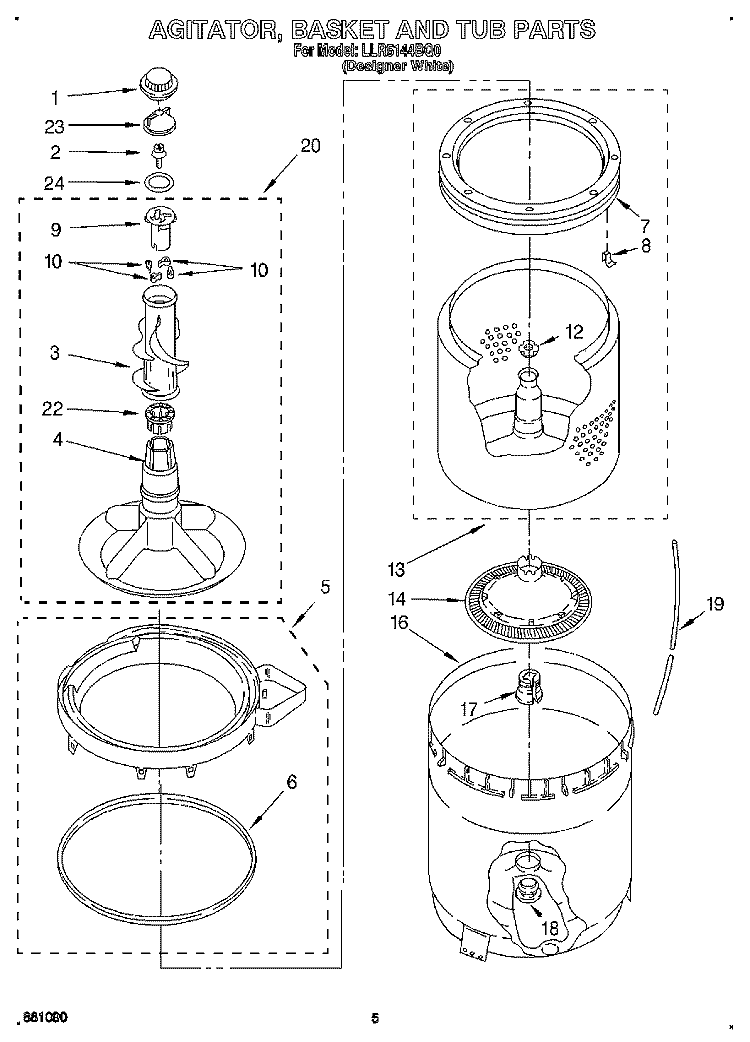 AGITATOR, BASKET AND TUB Diagram and Parts List for LLR5144BQ0  Whirlpool Washer