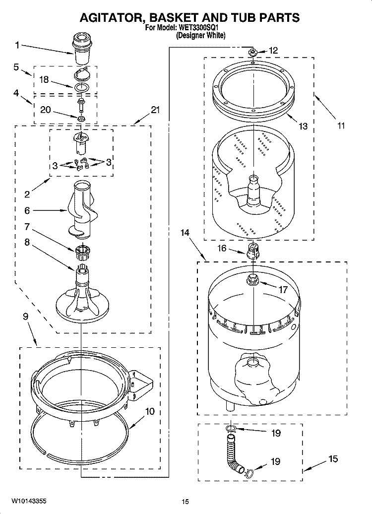 AGITATOR, BASKET AND TUB PARTS Diagram and Parts List for WET3300SQ1  Whirlpool Washer Dryer Combo