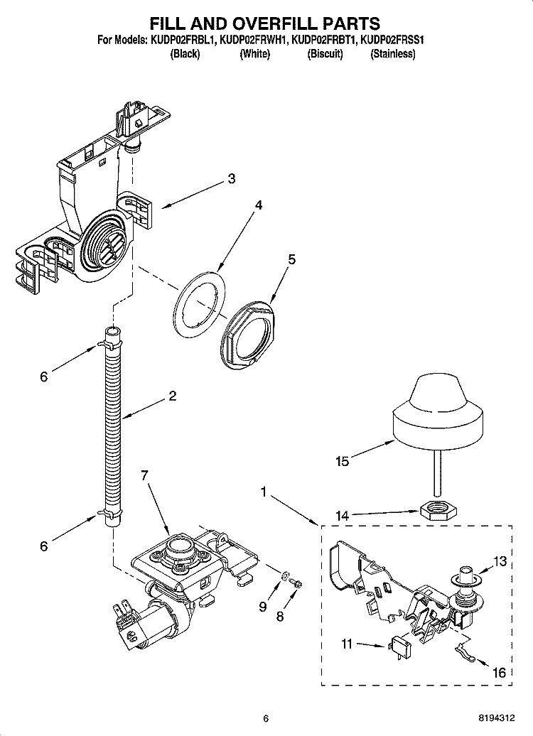 FILL AND OVERFILL PARTS Diagram and Parts List for KUDP02FRWH1  KitchenAid Dishwasher