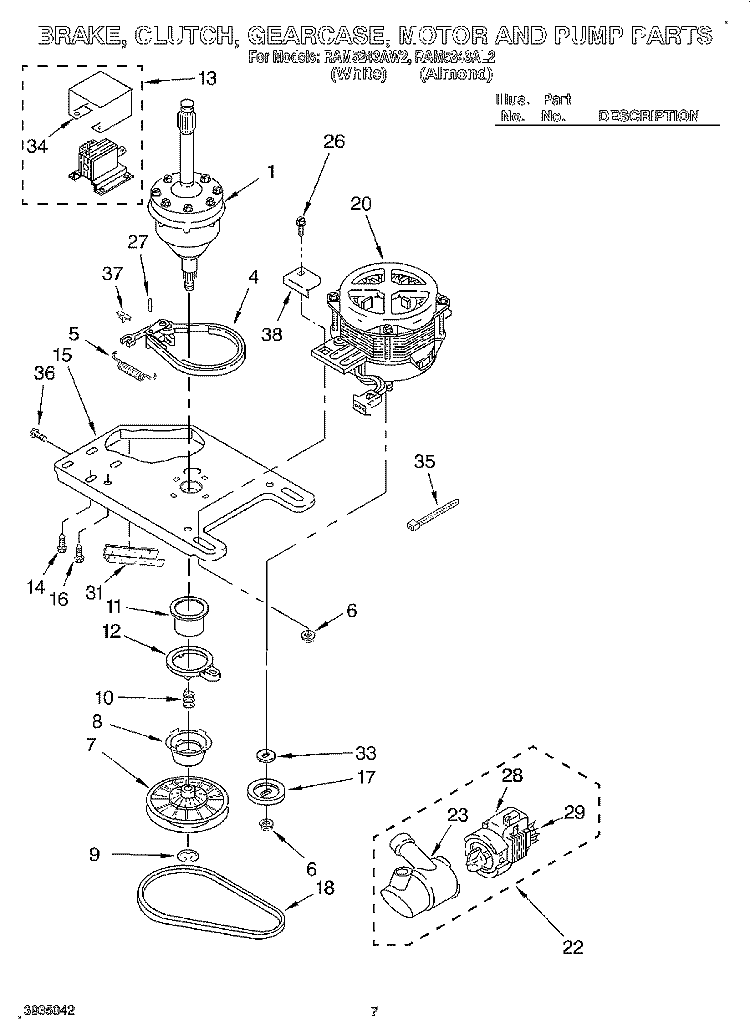 BRAKE, CLUTCH, GEARCASE, MOTOR & PUMP Diagram and Parts List for RAM5243AW2  Whirlpool Washer