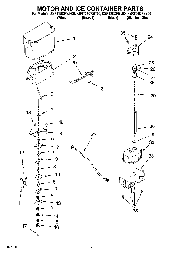 MOTOR AND ICE CONTAINER PARTS Diagram and Parts List for KSRT25CRBL00  KitchenAid Refrigerator