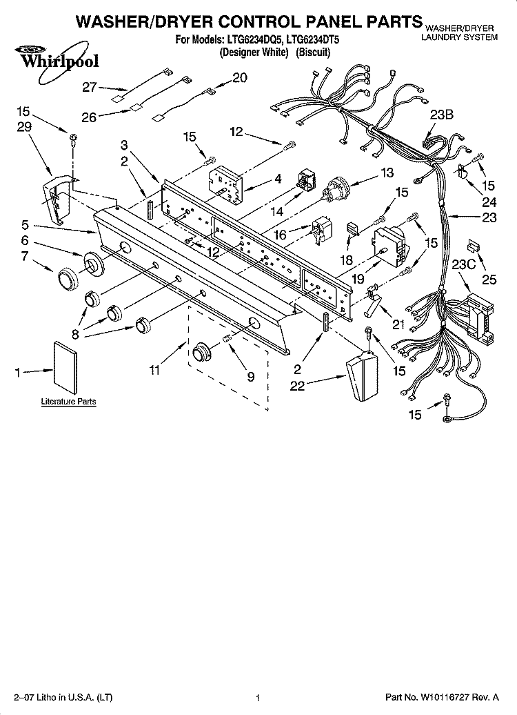 WASHER/DRYER CONTROL PANEL PARTS Diagram and Parts List for LTG6234DQ5  Whirlpool Washer Dryer Combo