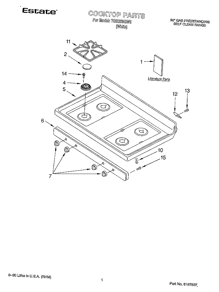 COOKTOP, LITERATURE Diagram and Parts List for TGS325GW6  Estate Range