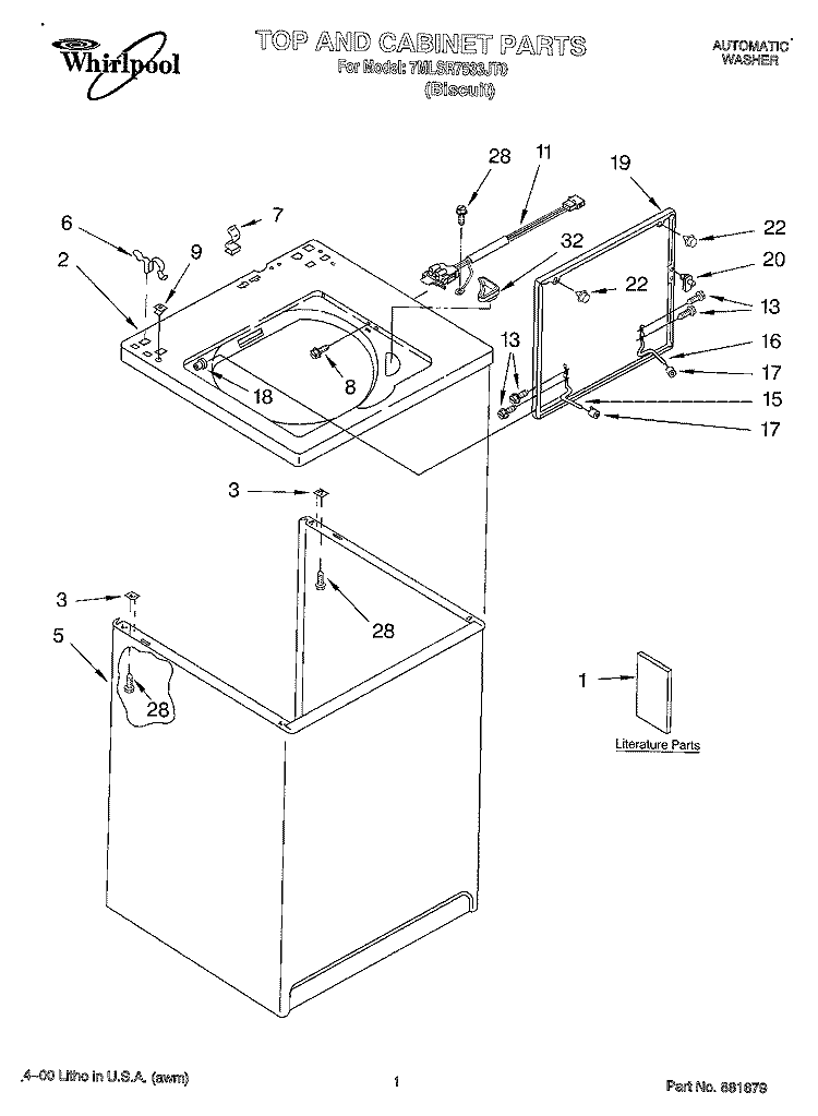 TOP AND CABINET, LITERATURE Diagram and Parts List for 7MLSR7533JT0  Whirlpool Washer