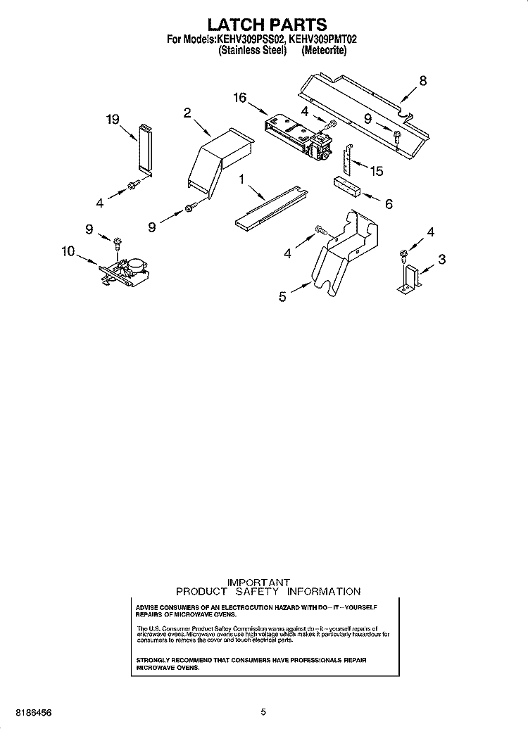 LATCH PARTS Diagram and Parts List for KEHV309PMT02  KitchenAid Microwave Oven Combo