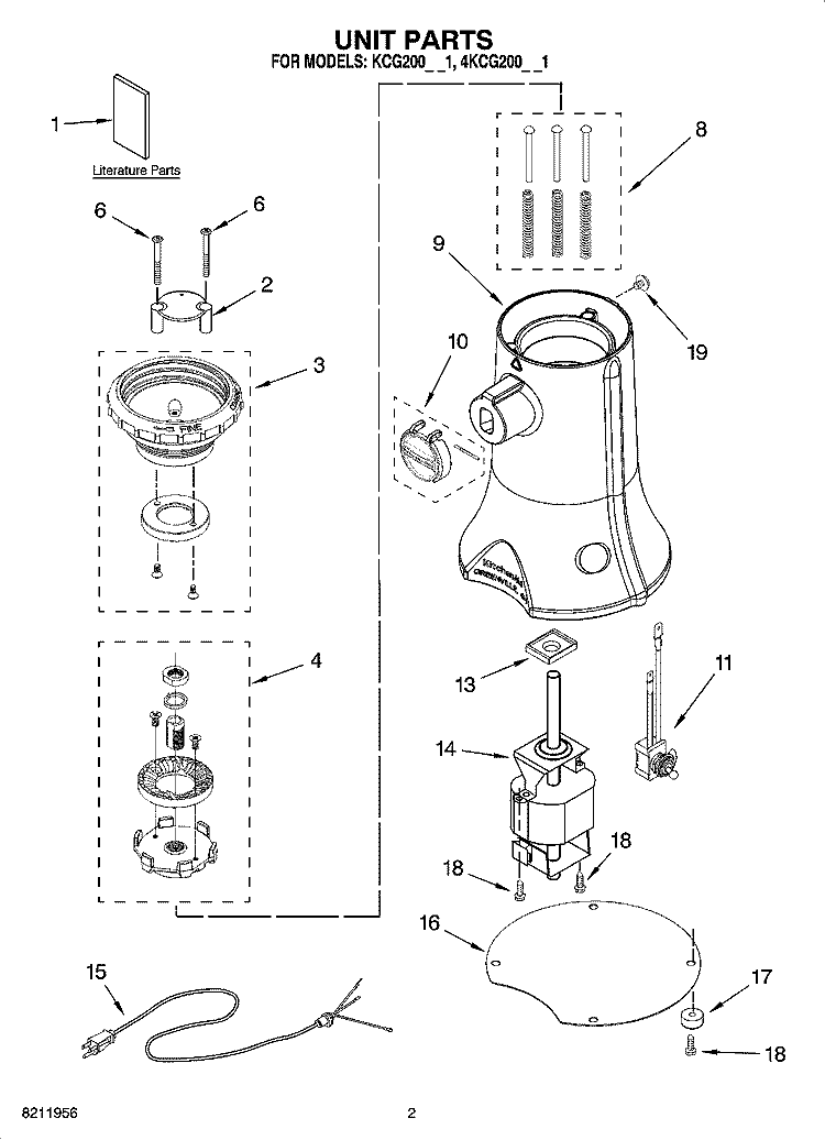 UNIT PARTS Diagram and Parts List for KCG200OB1  KitchenAid Coffee Grinder