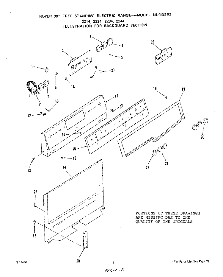 BACKGUARD Diagram and Parts List for 2224W1A  Roper Range