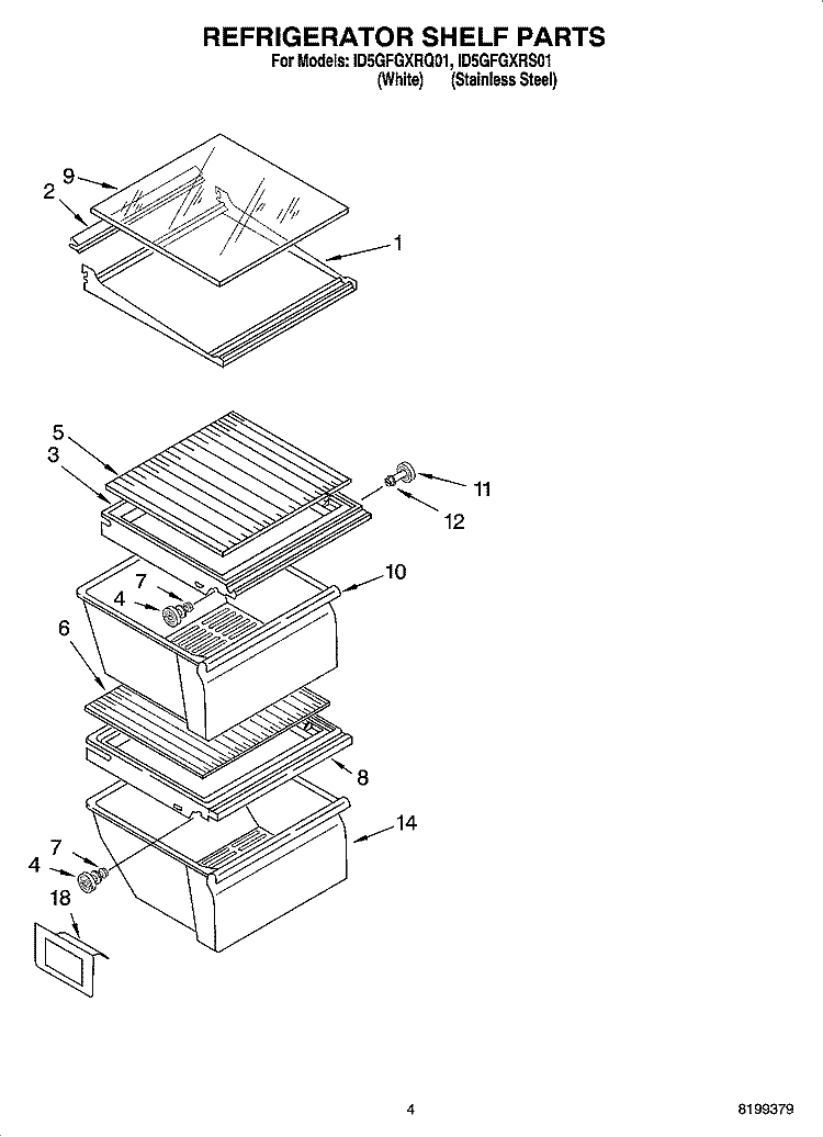 REFRIGERATOR SHELF PARTS Diagram and Parts List for ID5GFGXRS01  Whirlpool Refrigerator