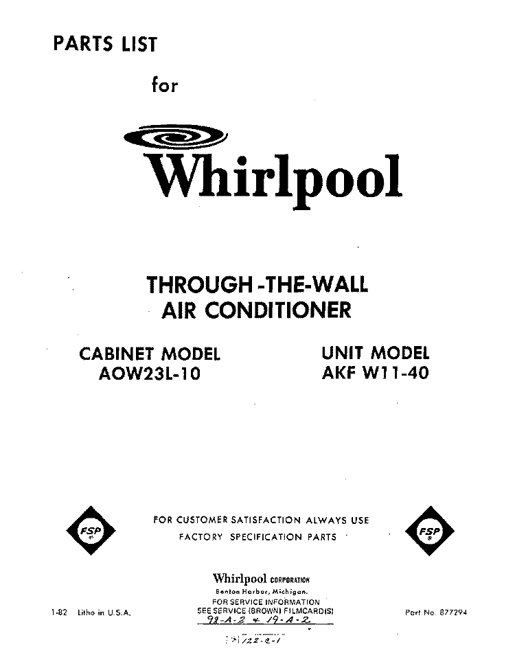 SECTION Diagram and Parts List for AKFW1140  Whirlpool Air Conditioner
