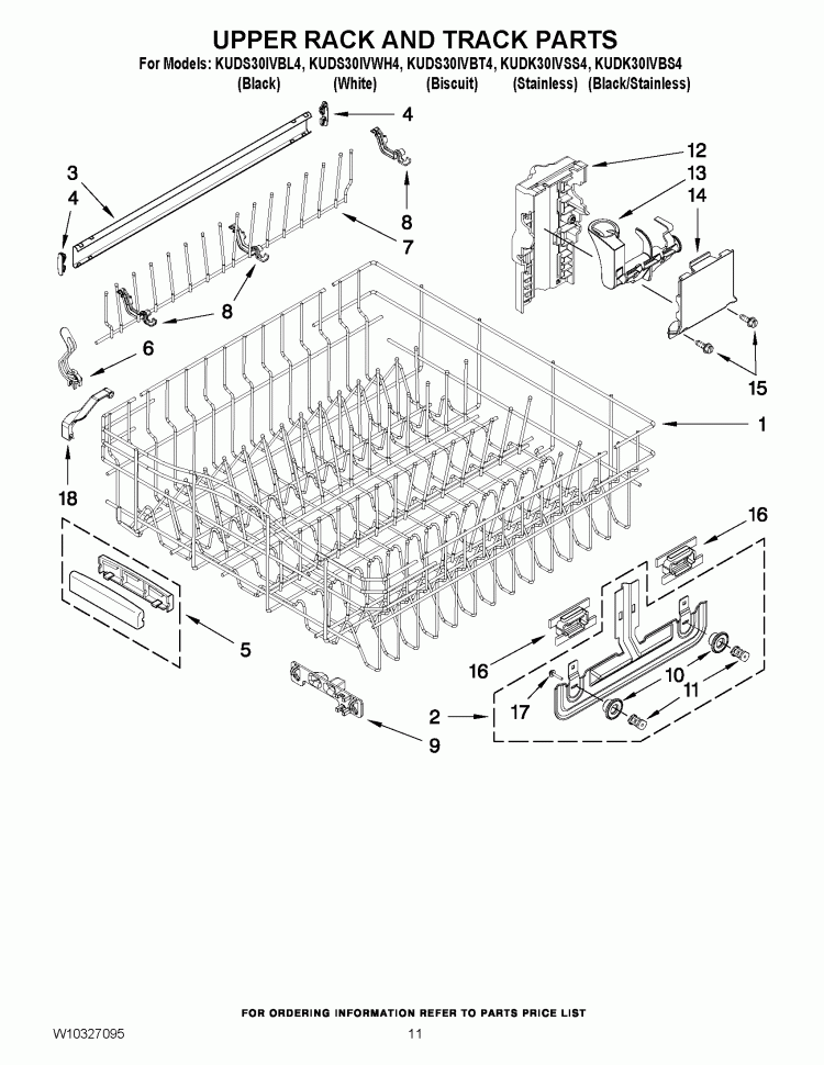 UPPER RACK AND TRACK PARTS Diagram and Parts List for KUDK30IVSS4  KitchenAid Dishwasher