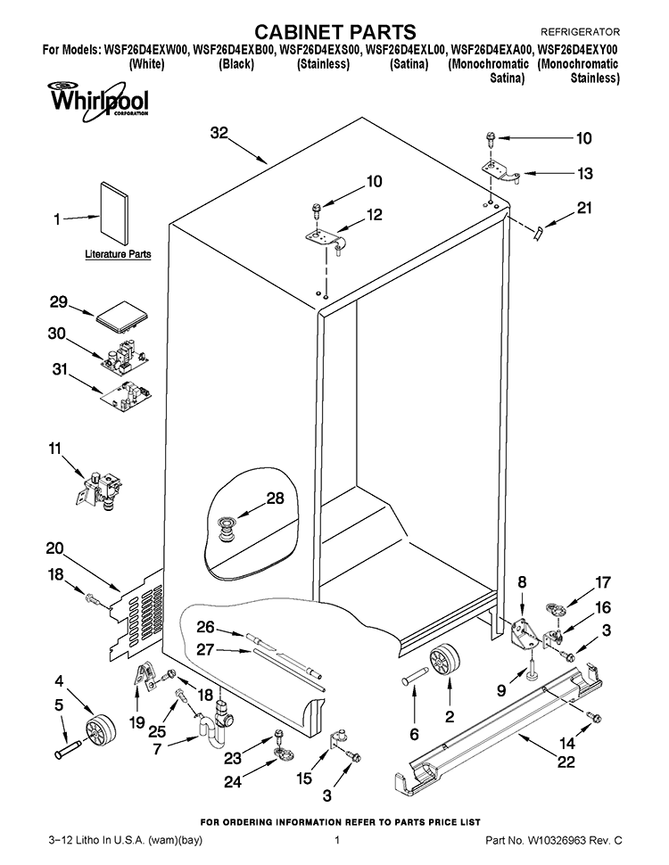CABINET PARTS Diagram and Parts List for WSF26D4EXA00  Whirlpool Refrigerator