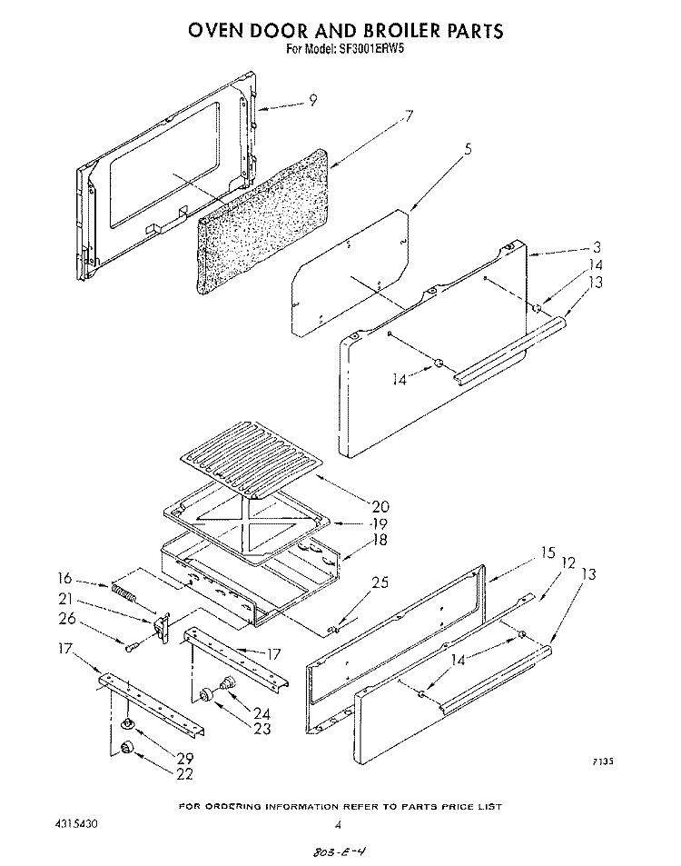 OVEN DOOR AND BROILER Diagram and Parts List for SF3001ERW5  Whirlpool Range