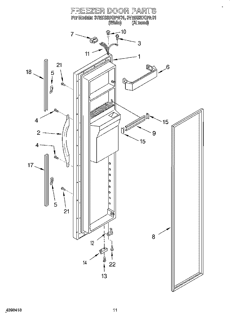 FREEZER DOOR Diagram and Parts List for 3VED23DQFN01  Whirlpool Refrigerator