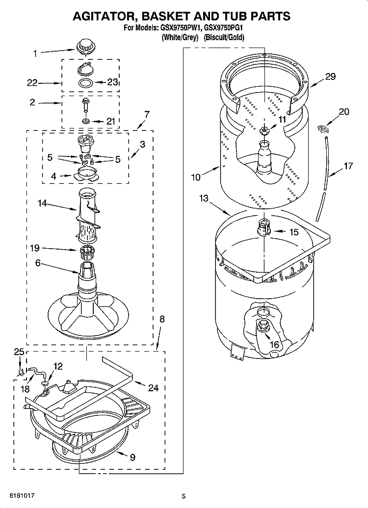 AGITATOR, BASKET AND TUB PARTS Diagram and Parts List for GSX9750PG1  Whirlpool Washer