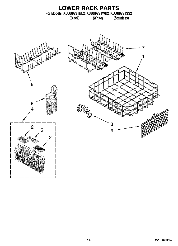 LOWER RACK PARTS Diagram and Parts List for KUDU03STSS2  KitchenAid Dishwasher
