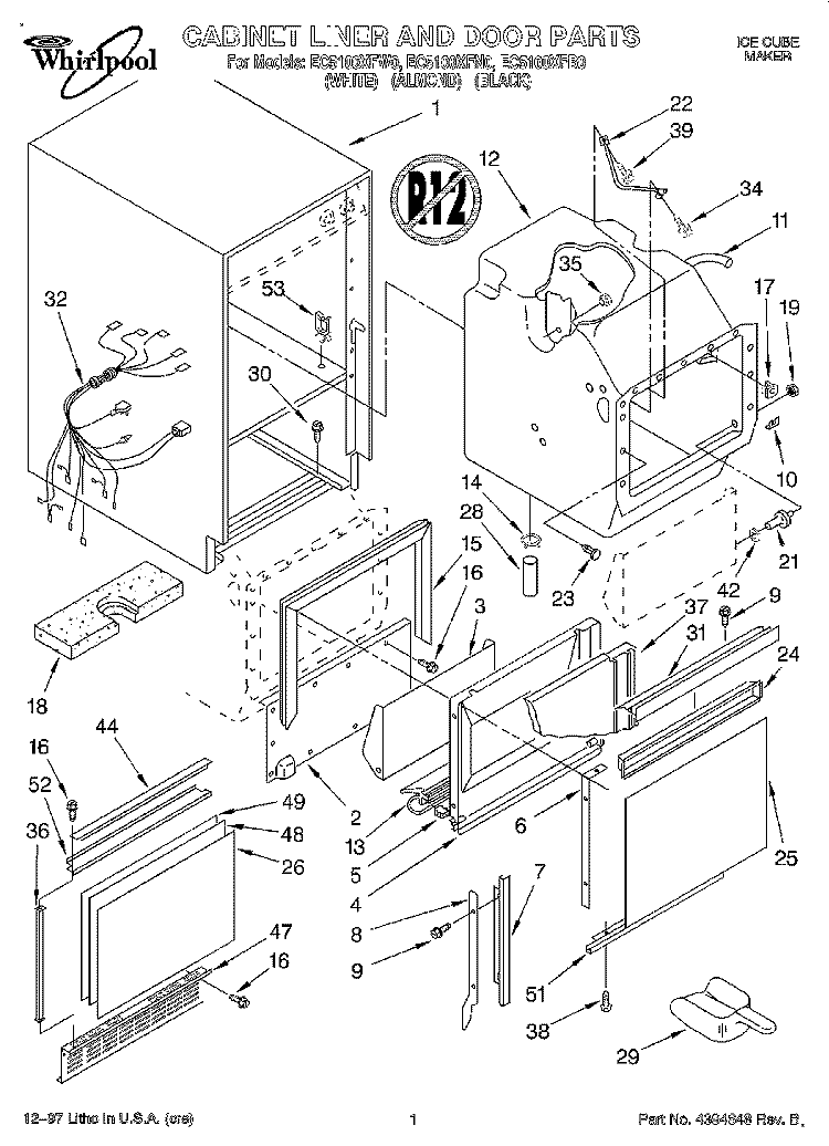 CABINET LINER AND DOOR Diagram and Parts List for EC5100XFB0  Whirlpool Ice Maker