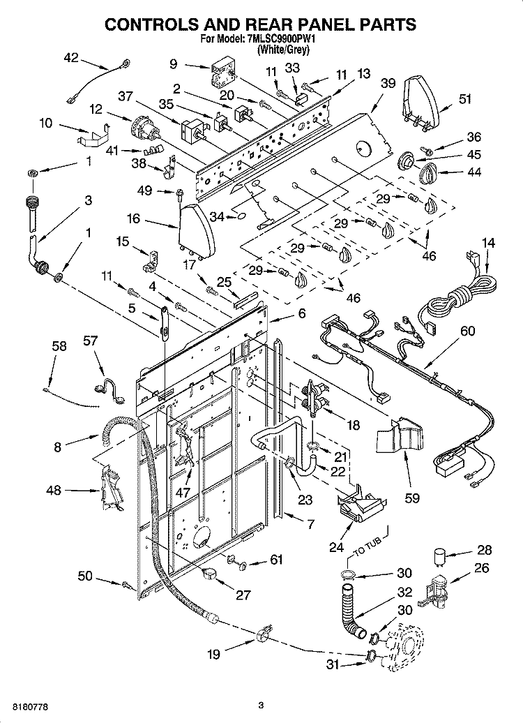 CONTROLS AND REAR PANEL PARTS Diagram and Parts List for 7MLSC9900PW1  Whirlpool Washer