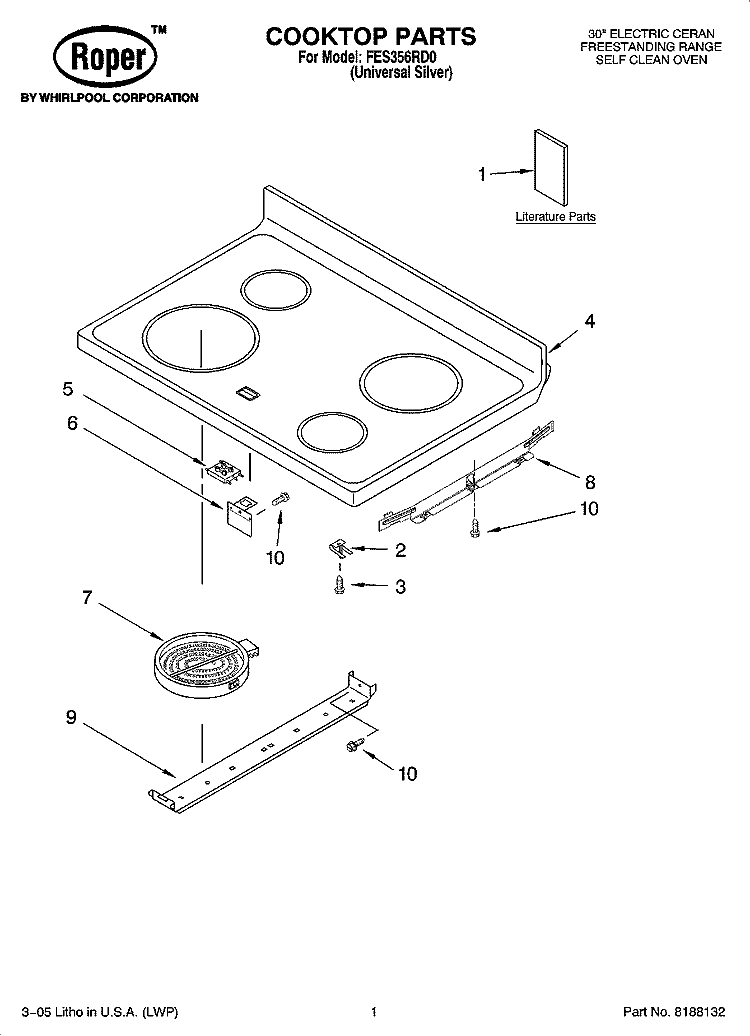 COOKTOP PARTS Diagram and Parts List for FES356RD0  Roper Range