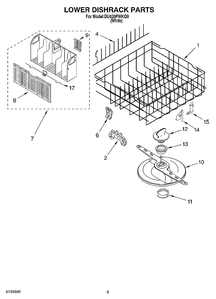 LOWER DISHRACK Diagram and Parts List for DU620PWKQ0  Whirlpool Dishwasher