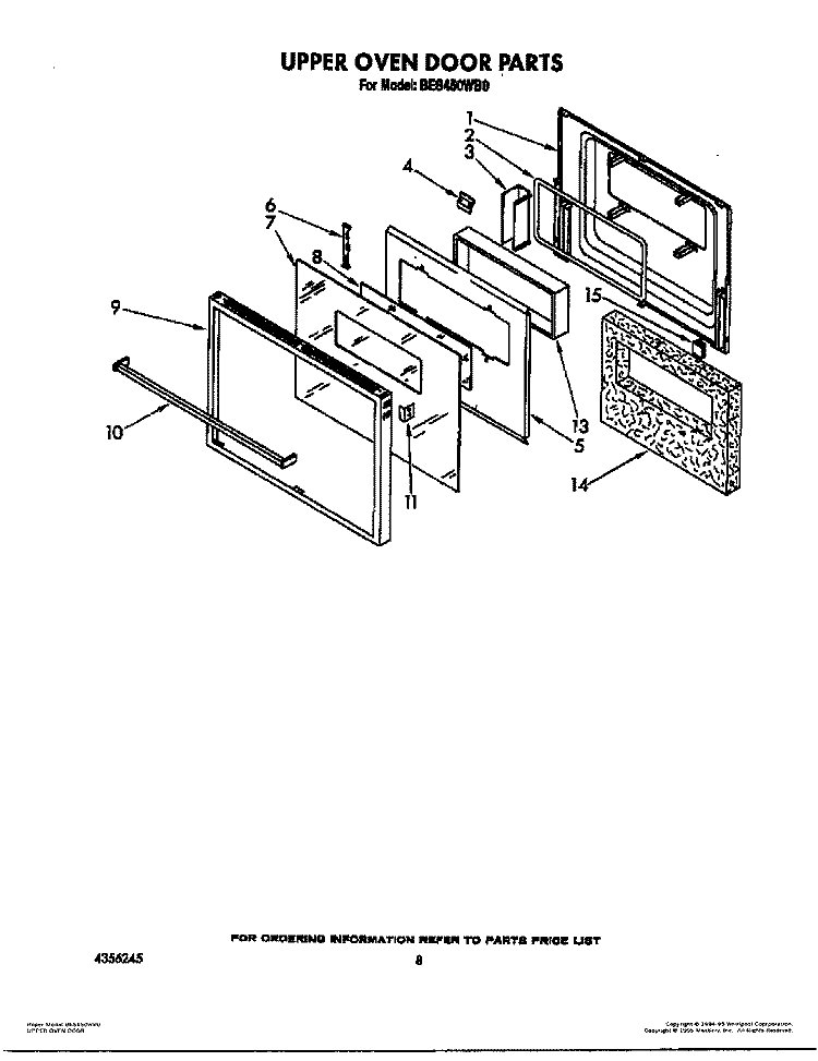 UPPER OVEN DOOR Diagram and Parts List for BES450WB0  Roper Range