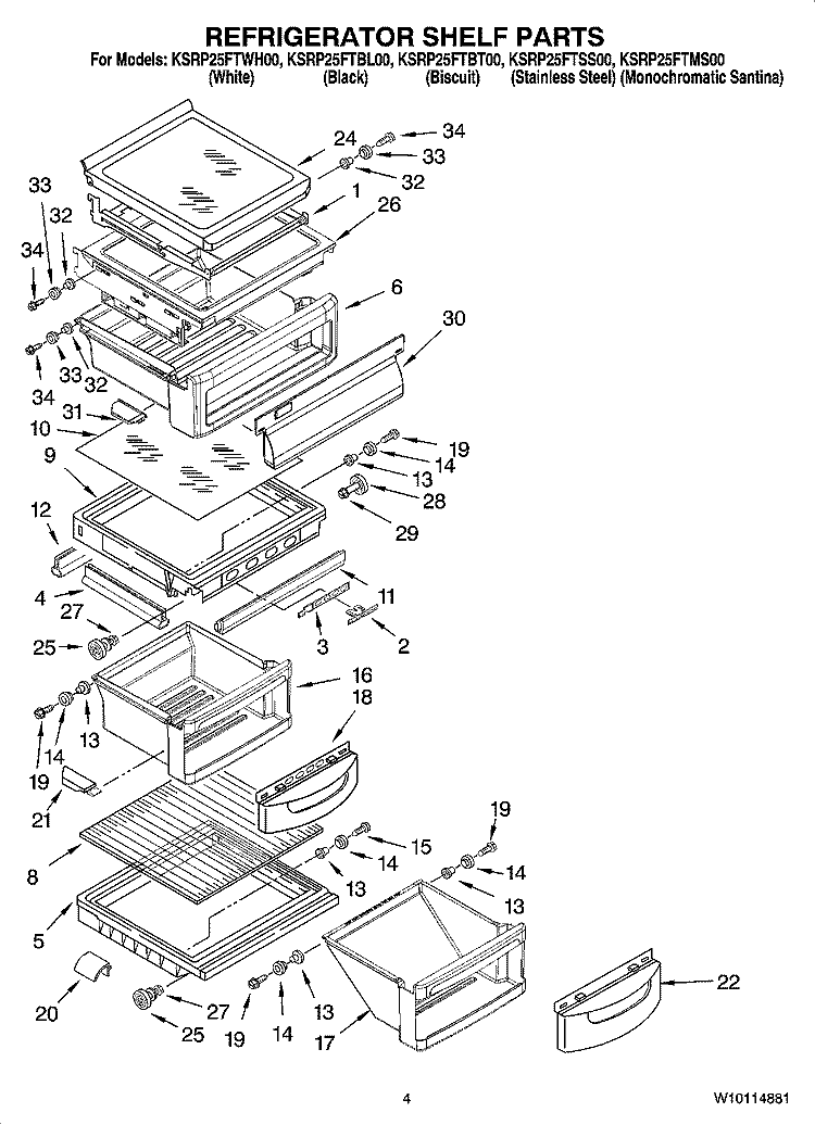 REFRIGERATOR SHELF PARTS Diagram and Parts List for KSRP25FTWH00  KitchenAid Refrigerator