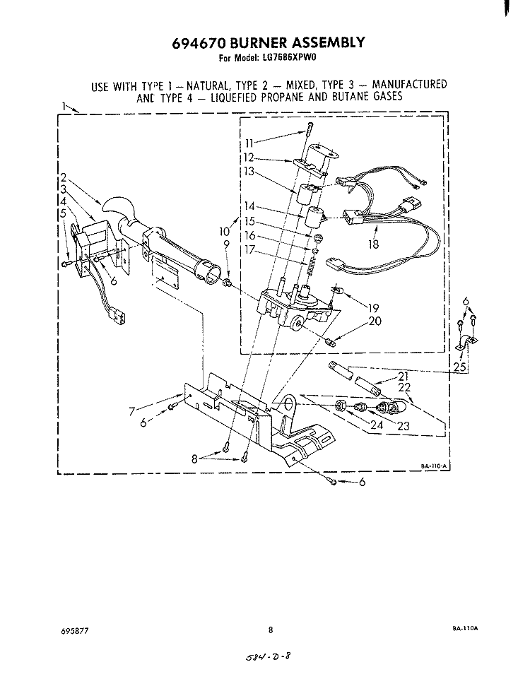694670 BURNER Diagram and Parts List for LG7686XPW0  Whirlpool Dryer