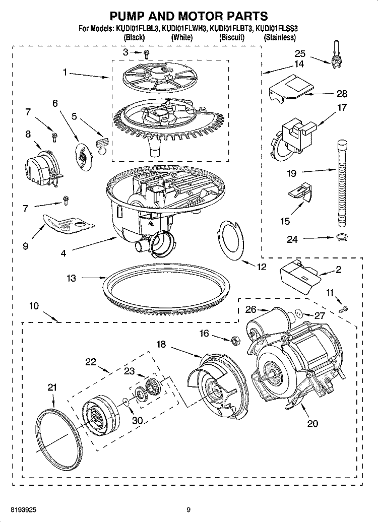 PUMP AND MOTOR PARTS Diagram and Parts List for KUDI01FLWH3  KitchenAid Dishwasher