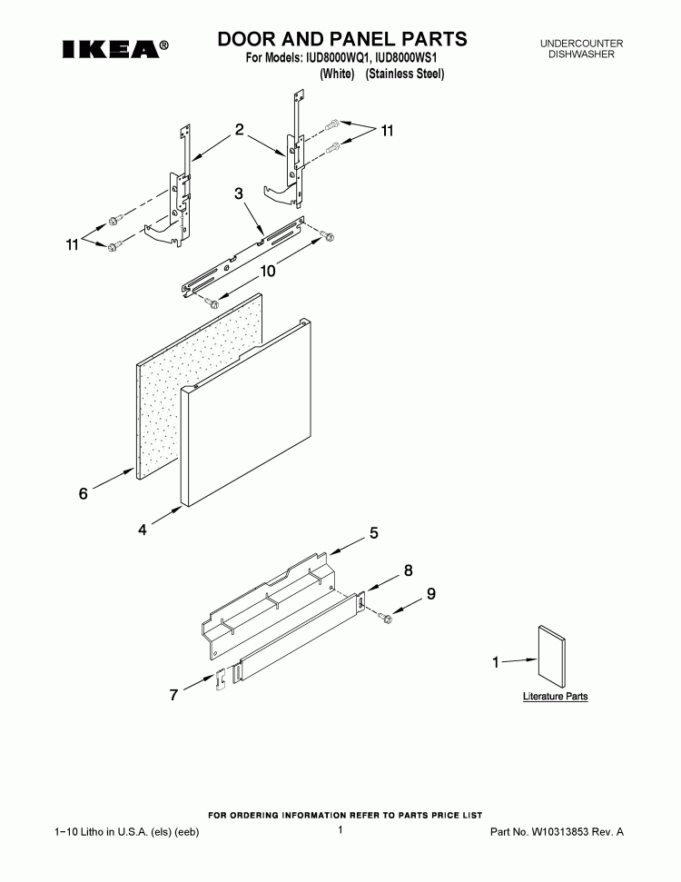 DOOR AND PANEL PARTS Diagram and Parts List for IUD8000WS1  Whirlpool Dishwasher
