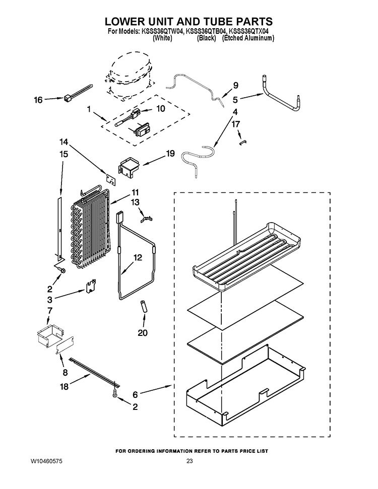 LOWER UNIT AND TUBE PARTS Diagram and Parts List for KSSS36QTB04  KitchenAid Refrigerator