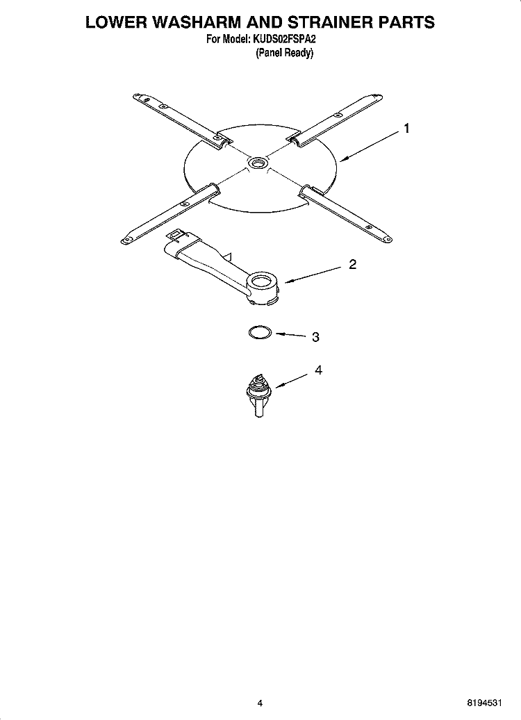 LOWER WASHARM AND STRAINER PARTS Diagram and Parts List for KUDS02FSPA2  KitchenAid Dishwasher