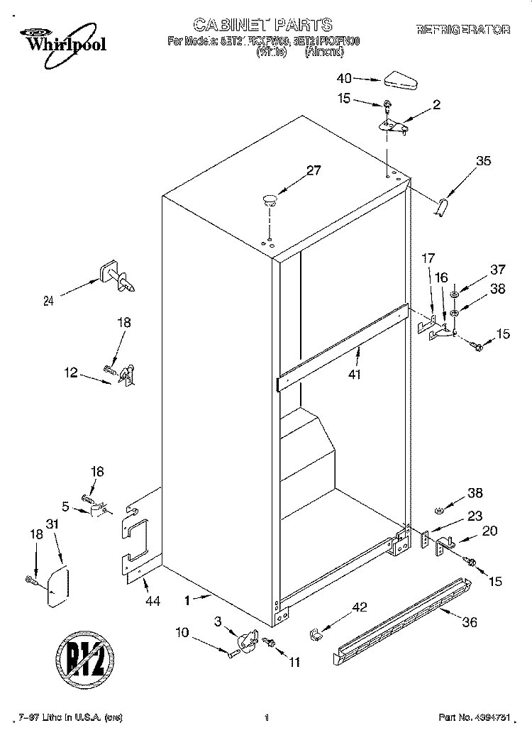 CABINET Diagram and Parts List for 8ET21PKXFW00  Whirlpool Refrigerator