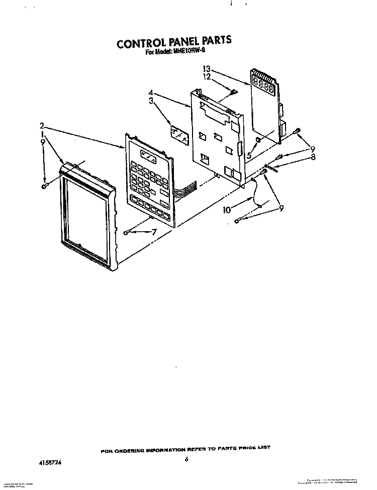 CONTROL PANEL Diagram and Parts List for MHE10RW0  Roper Microwave