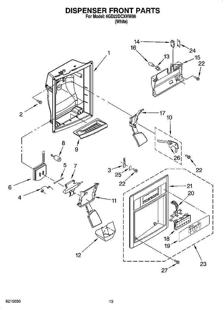 DISPENSER FRONT PARTS Diagram and Parts List for 6GD22DCXHW06  Whirlpool Refrigerator
