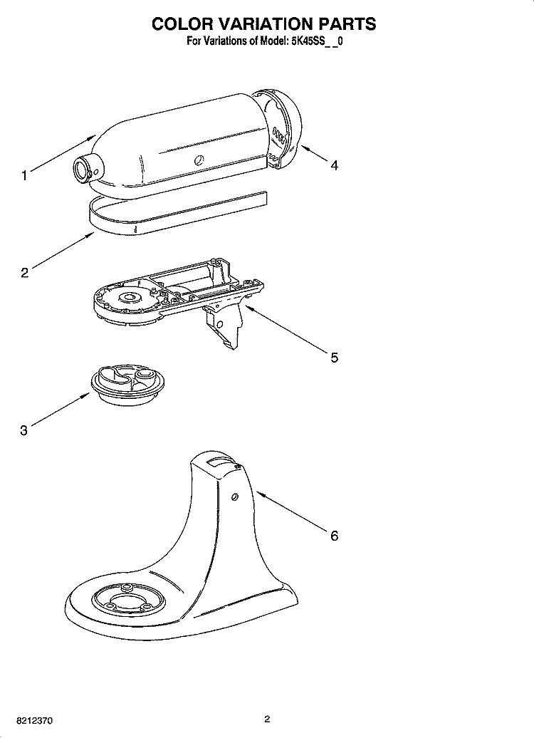COLOR VARIATION PARTS Diagram and Parts List for 5K45SSEWH0  KitchenAid Mixer