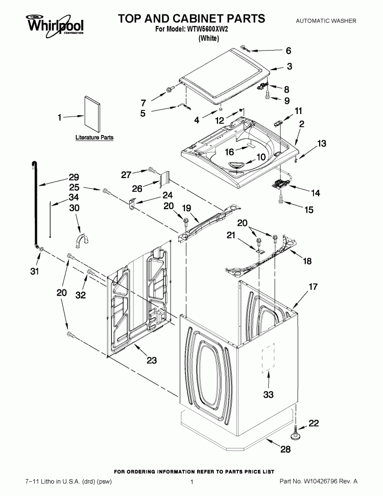 TOP AND CABINET PARTS Diagram and Parts List for WTW5600XW2  Whirlpool Washer