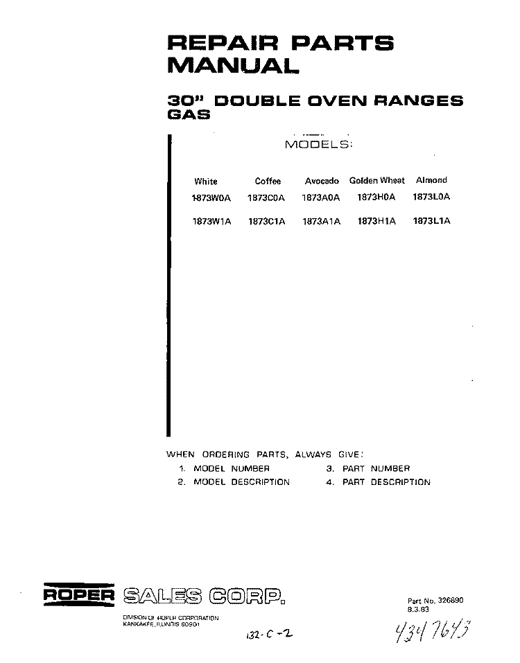 MAIN TOP Diagram and Parts List for 1873^1A  Whirlpool Range