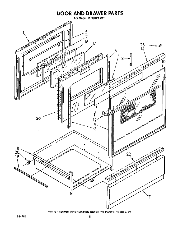 DOOR AND DRAWER Diagram and Parts List for RE960PXVN5  Whirlpool Range