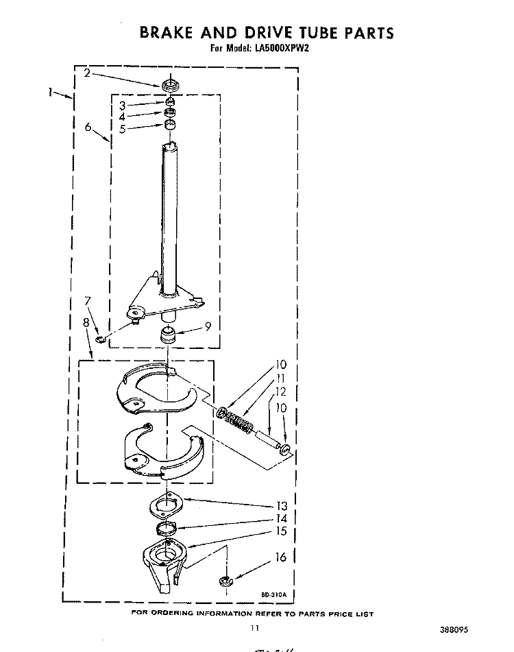 BRAKE AND DRIVE TUBE Diagram and Parts List for LA5000XPW2  Whirlpool Washer