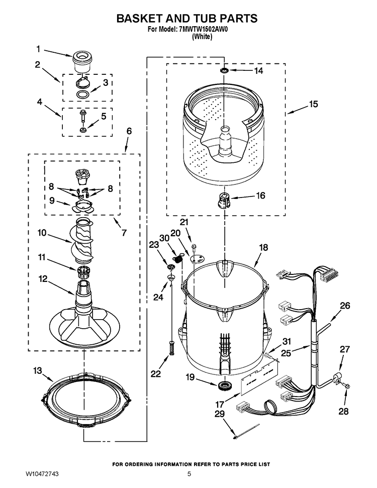 BASKET AND TUB PARTS Diagram and Parts List for 7MWTW1502AW0  Whirlpool Washer