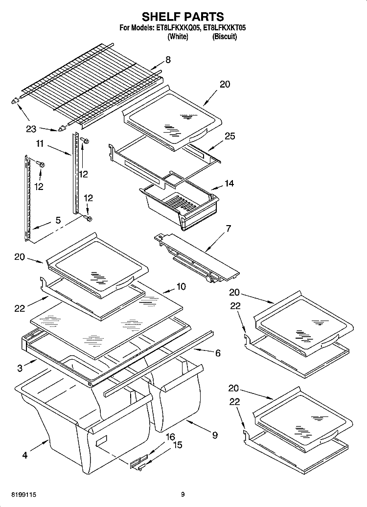SHELF PARTS, OPTIONAL PARTS Diagram and Parts List for ET8LFKXKT05  Whirlpool Refrigerator