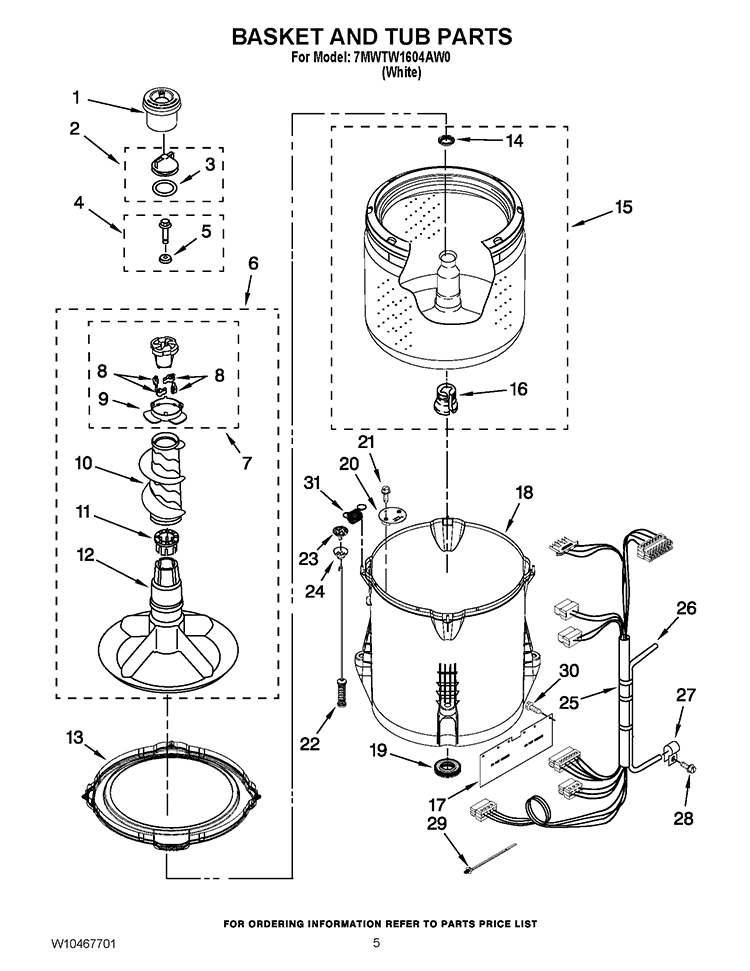 BASKET AND TUB PARTS Diagram and Parts List for 7MWTW1604AW0  Whirlpool Washer