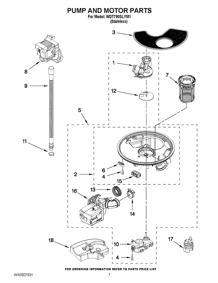 PUMP AND MOTOR PARTS Diagram and Parts List for WDT790SLYM1  Whirlpool Dishwasher