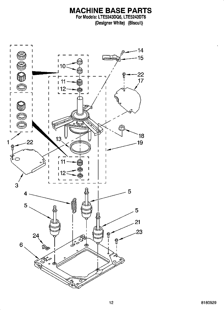 MACHINE BASE PARTS Diagram and Parts List for LTE5243DQ6  Whirlpool Washer Dryer Combo