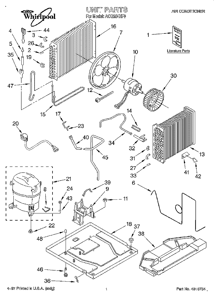 UNIT, LITERATURE Diagram and Parts List for ACQ254XF0  Whirlpool Air Conditioner