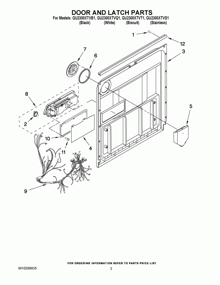 DOOR AND LATCH PARTS Diagram and Parts List for GU2300XTVB1  Whirlpool Dishwasher